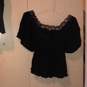 Black Crop Top - Lace Neckline